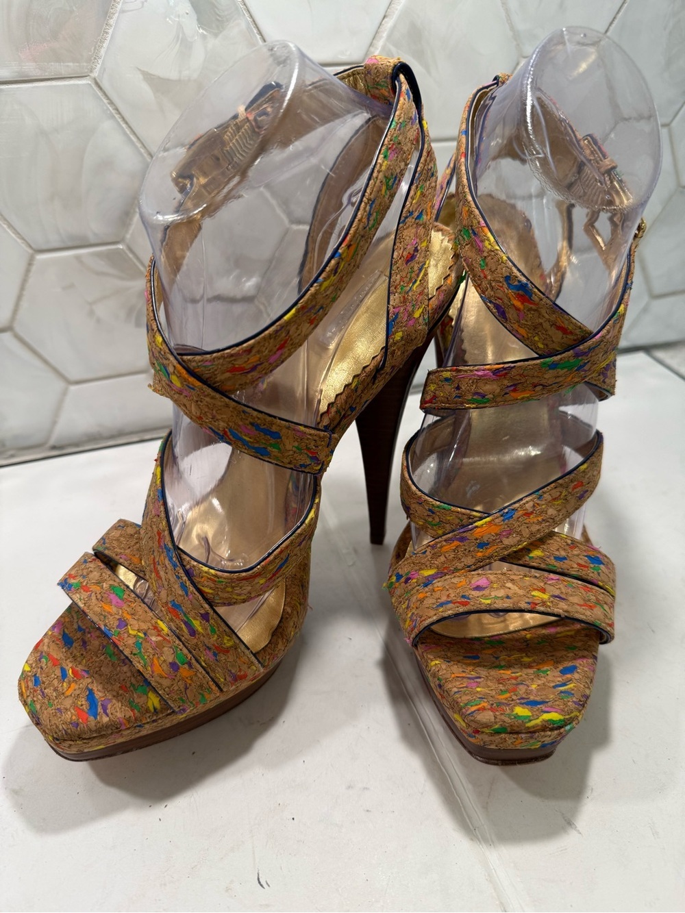 Report Signature Cork Multicolor Confetti Design Platform Stiletto Heels Sz 9